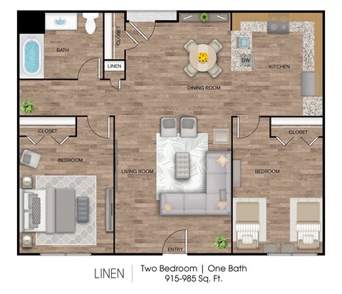 A linen two bedroom apartment with one bathroom.